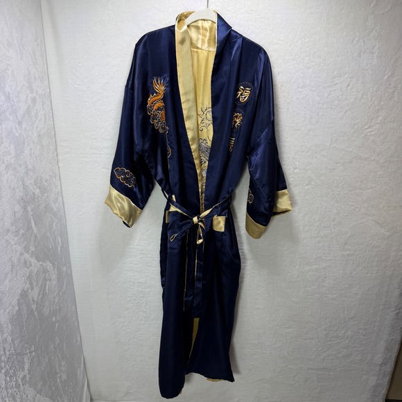 Unbranded Other - Navy Blue Gold Dragon Embroidered Satin Kimono Robe Asian Motif Reversible